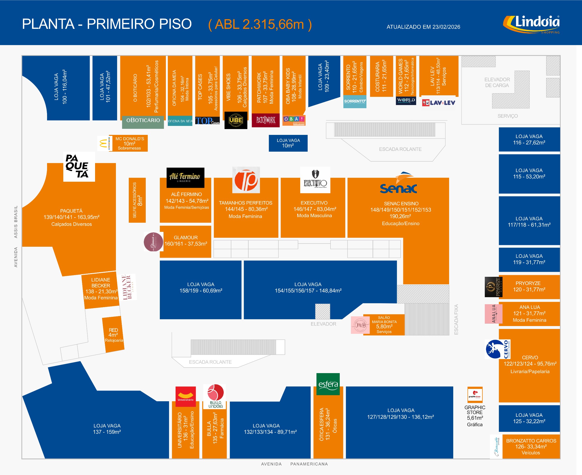 Planta do 1º piso do Lindóia Shopping com as lojas disponíveis marcadas