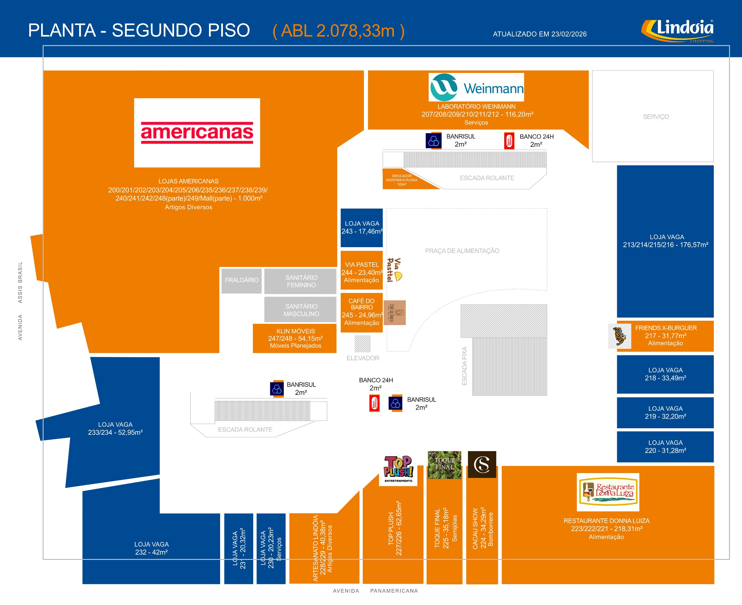 Planta do 2º piso do Lindóia Shopping com as lojas disponíveis marcadas